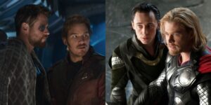 Split-image-of-Thor-and-Star-Lord-in-Avengers-Infinity-War-and-Thor-and-Loki-in-Thor