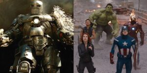 Split-image-of-Iron-Man-Mark-I-getting-shot-at-and-the-Battle-of-New-York-in-The-Avengers